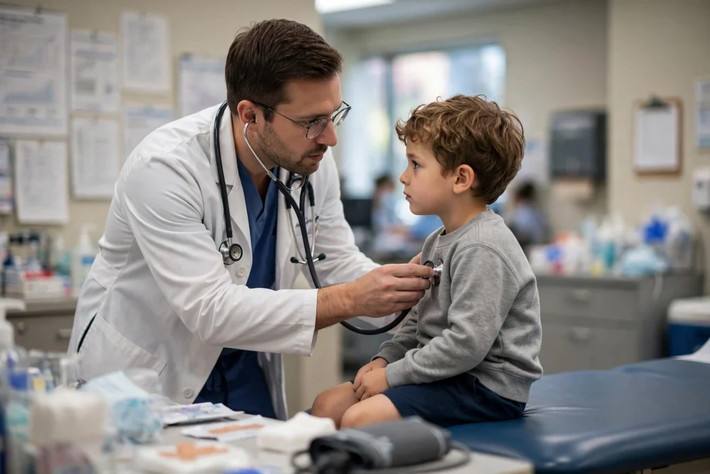 Doctor examining a child at a health clinic during a measles outbreak