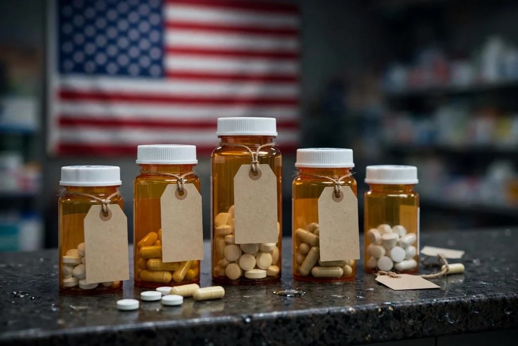 Trump Tells One Health Care Story. The Facts Tell Another. Prescription medicine bottles and price tags on a pharmacy counter